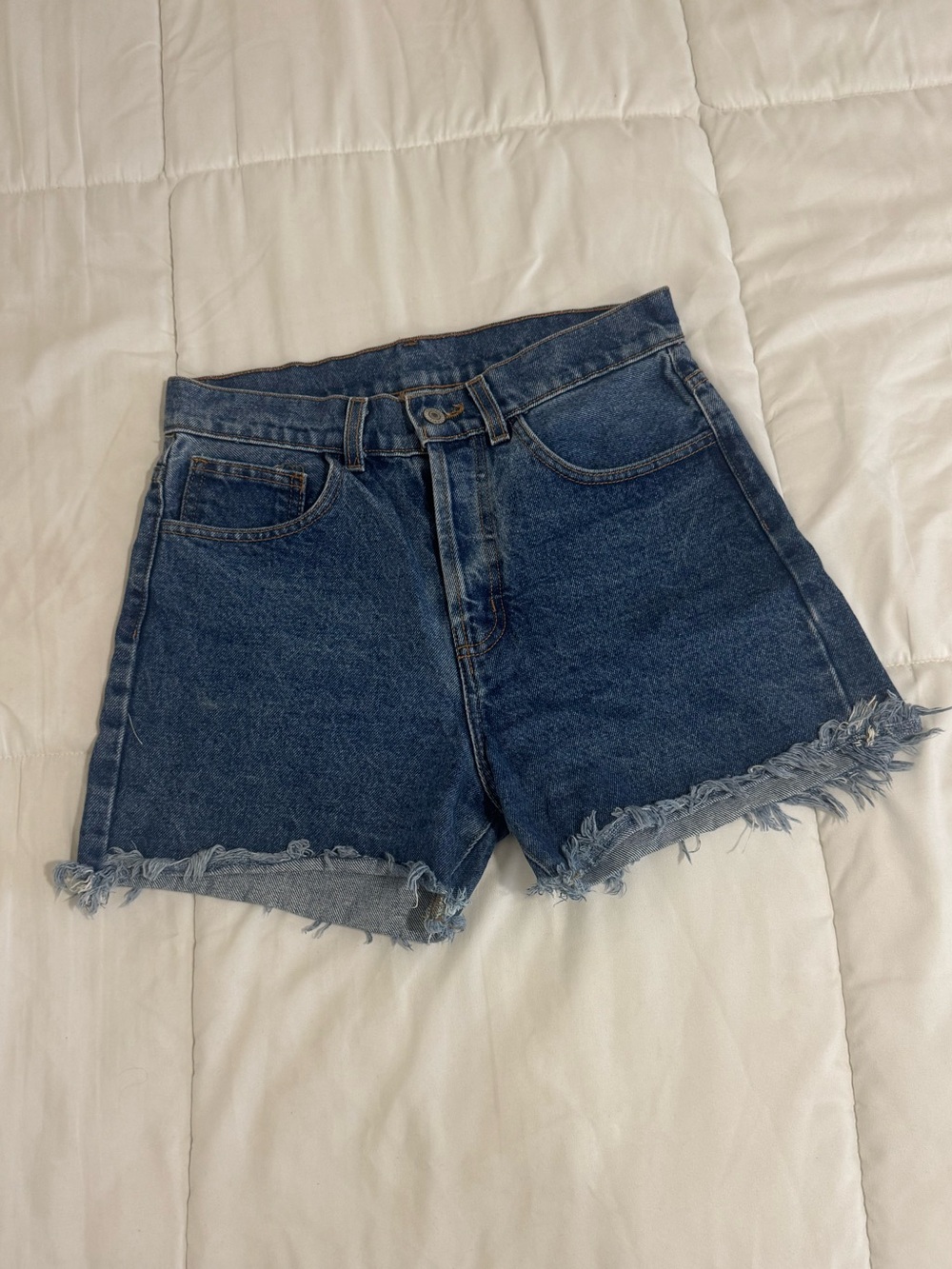 High-Waist Frayed Hem Denim Shorts — Blue Brandy Melville